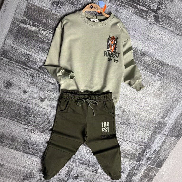 Sage tiger sweatshirt and olive joggers on hangers, front view