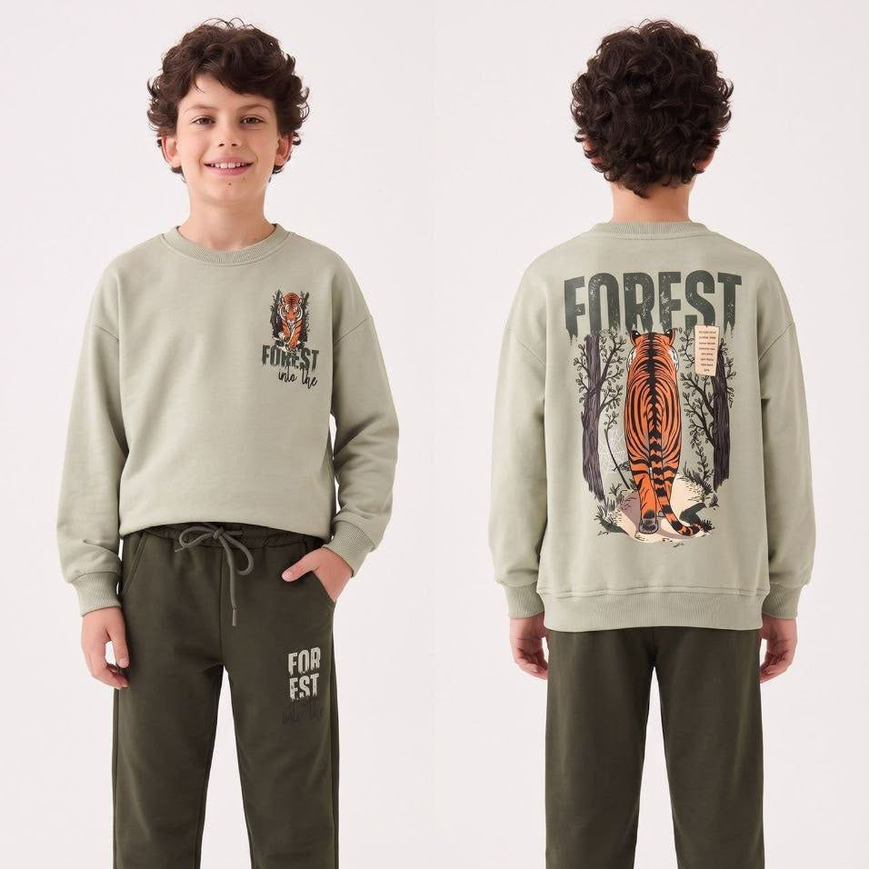 Boy in a sage tiger forest sweatshirt and olive joggers, front and back view