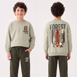 Boy in a sage tiger forest sweatshirt and olive joggers, front and back view