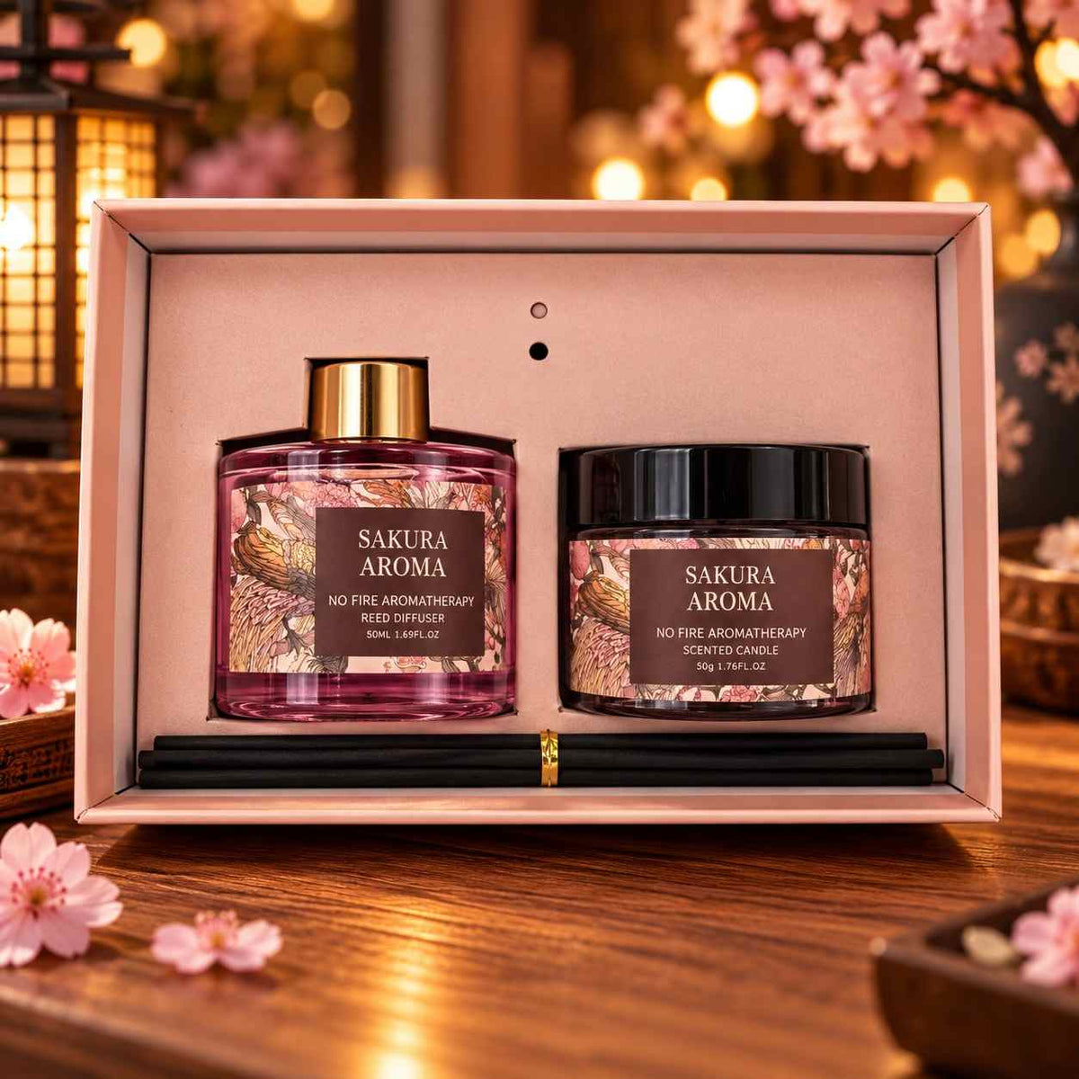 Sakura aroma pink reed diffuser and scented candle with reed sticks in a blush gift box