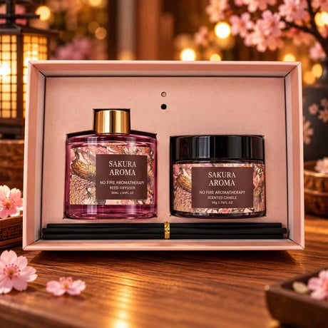 Sakura aroma pink reed diffuser and scented candle with reed sticks in a blush gift box