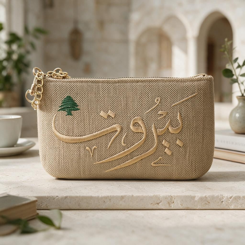 Natural jute look zip purse, Beirut calligraphy and cedar on the front, a teacup and arches in the background