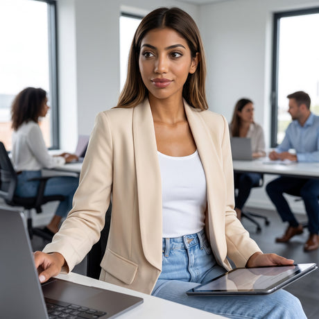 Sand blazer with pushed up sleeves worn over a white top in an office