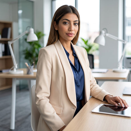 Woman at a desk in a sand blazer layered over a navy blouse