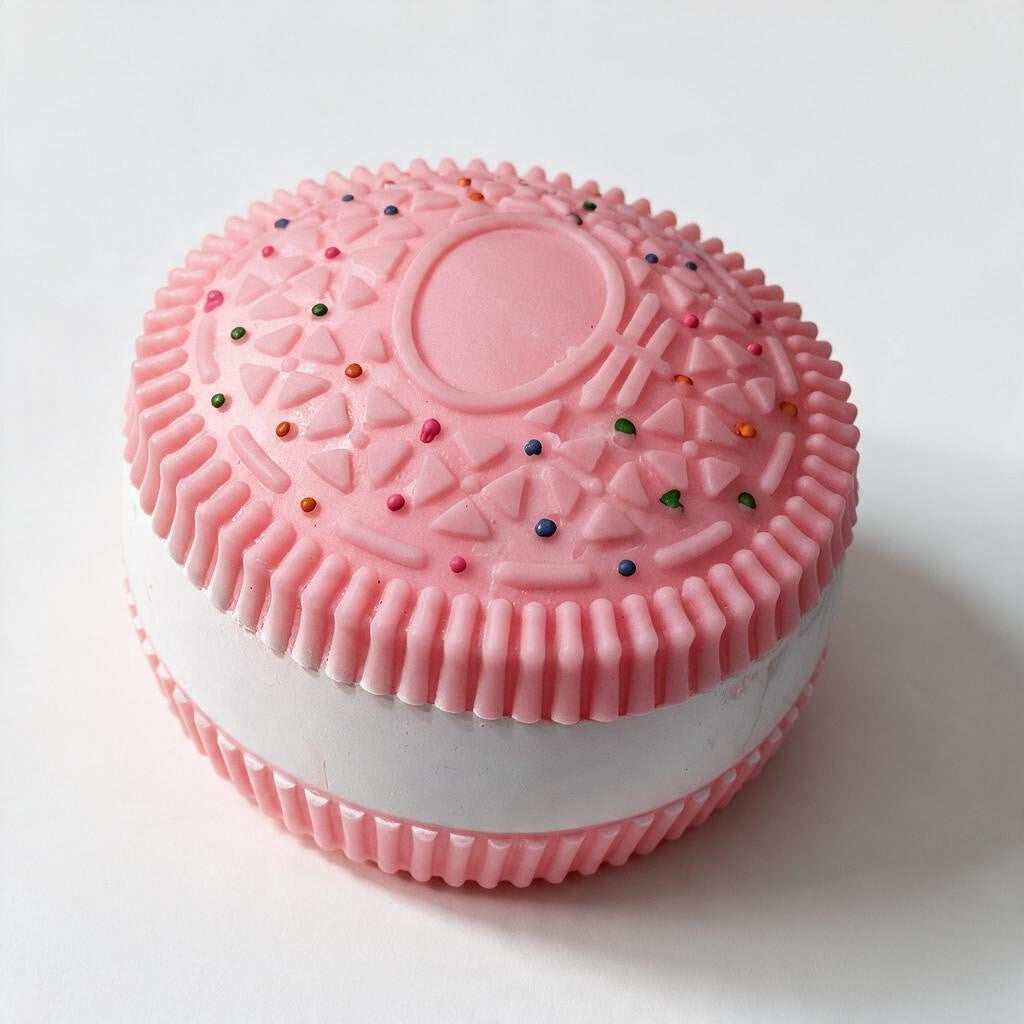 Pink sandwich cookie squishy with a white cream centre and sprinkle dots