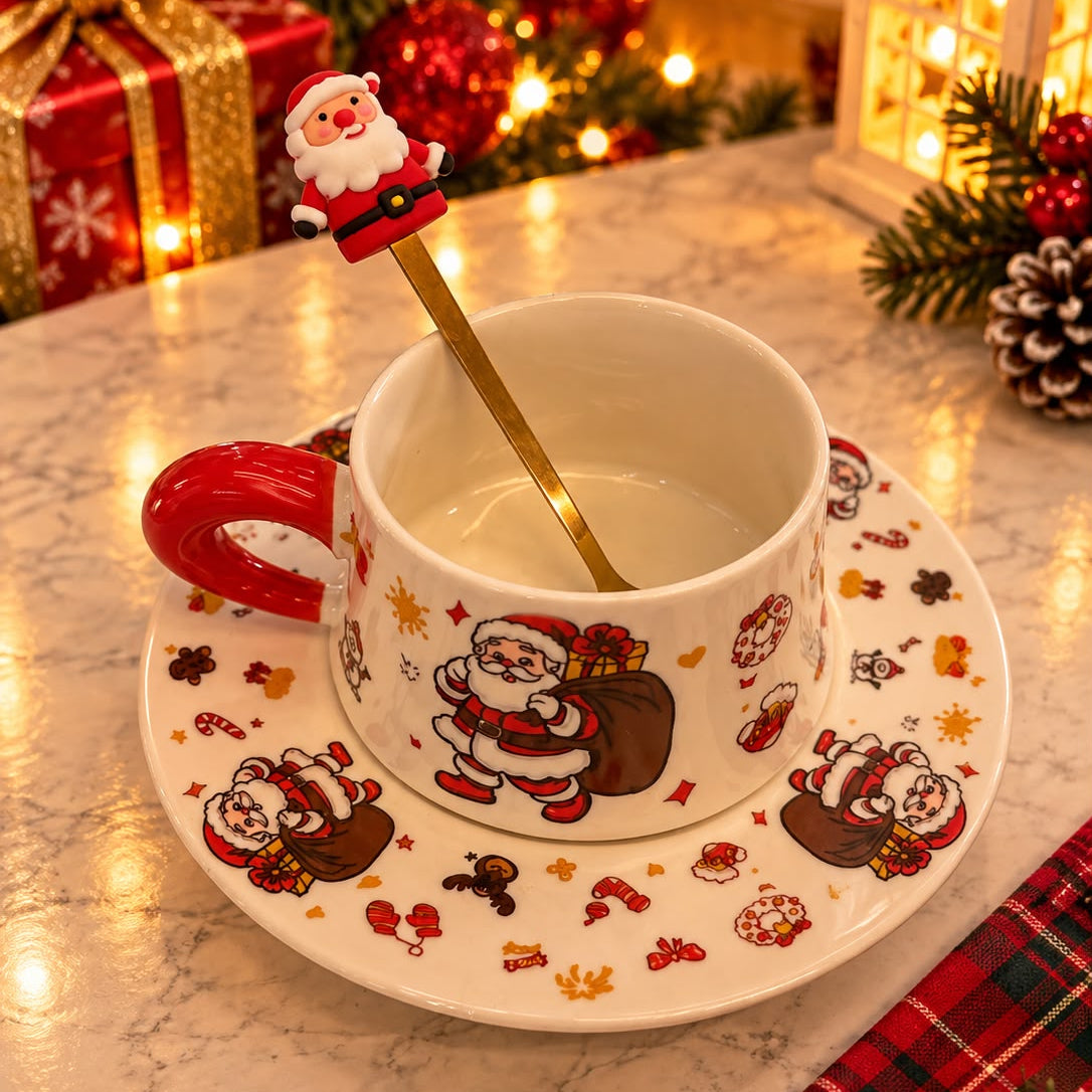 White ceramic cup and saucer with Santa prints, red handle and a gold spoon with Santa topper