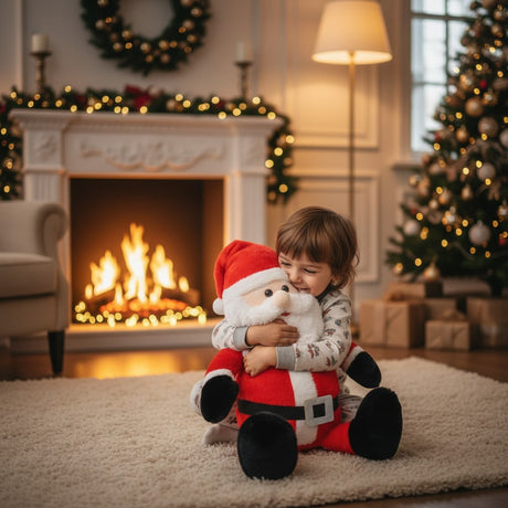Child in Christmas pyjamas hugging the Santa plush beside a lit fireplace