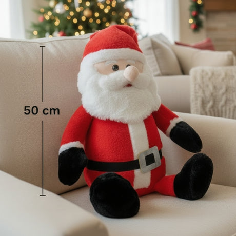 Seated Santa plush in a red suit and white trimmed hat, marked 50cm