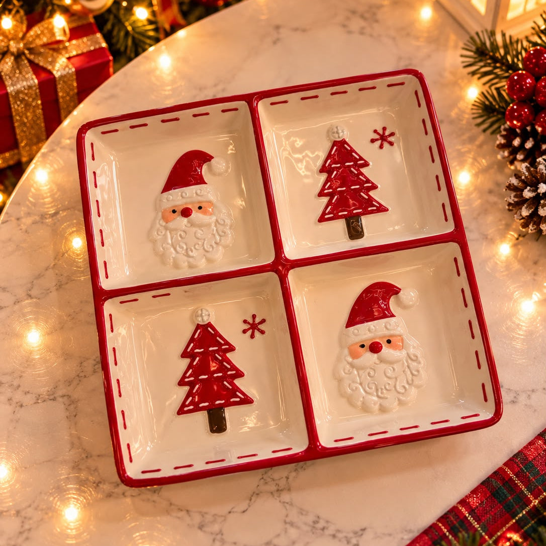 Square four section ceramic plate with raised Santa faces and red Christmas trees