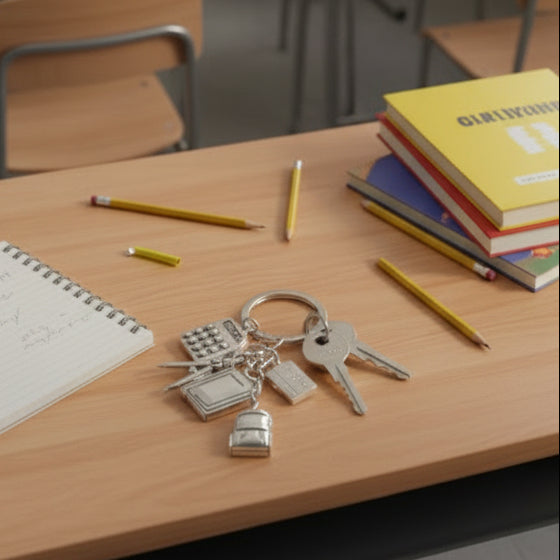 School supplies keychain with calculator, notebook, and backpack charms on a desk