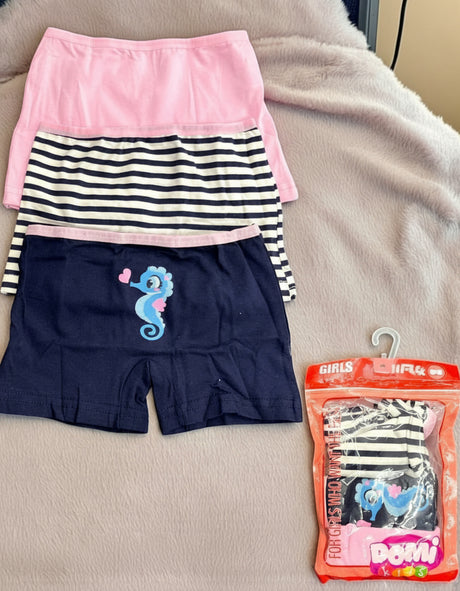 Pack of 3 girls cotton boyshorts in pink, navy and stripes with a seahorse motif, Jack Gifts Online Lebanon