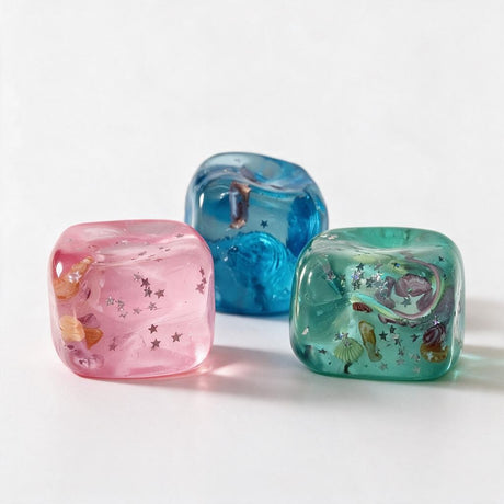 Pink, blue and aqua jelly cube squishies with tiny seashells and star sparkles inside