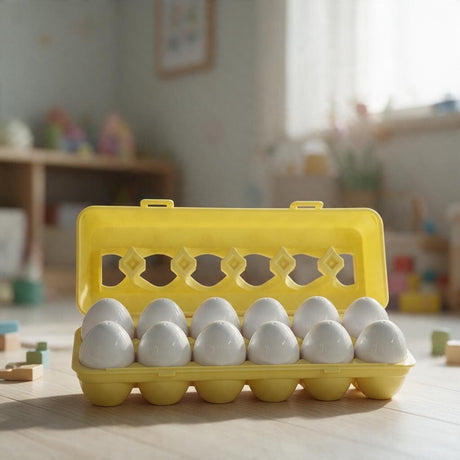 Twelve white toy eggs sitting in a yellow carton with the lid open on a playroom floor