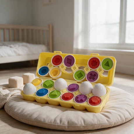 Yellow egg carton toy opened to show colourful shape halves in red, blue, green, yellow and purple