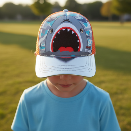 Boy wearing a grey shark face baseball cap with blue camo panels and an orange mesh back
