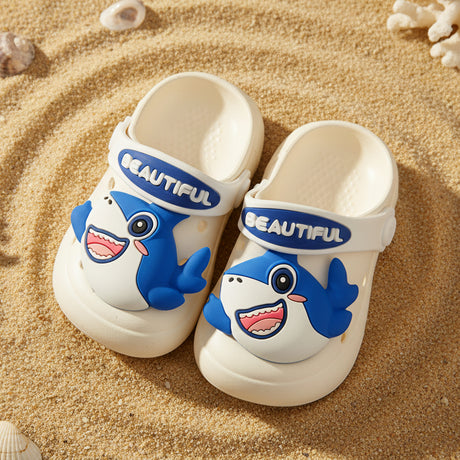 Kids cream clogs with a blue 3D shark motif and back strap, Jack Gifts Online Lebanon