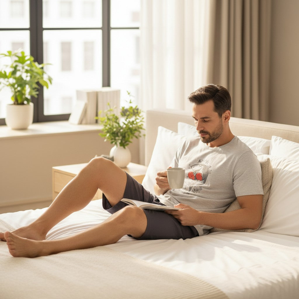 Shark print pyjama set worn reading a magazine on a bed