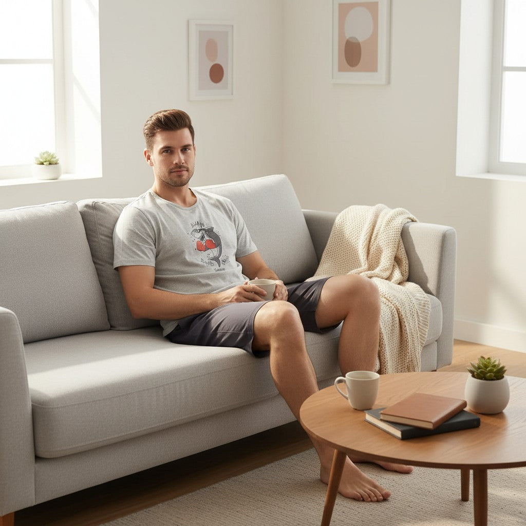 Shark print pyjama set worn seated on a sofa with coffee