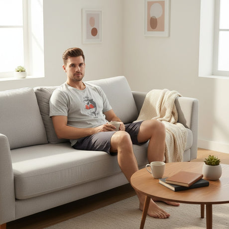 Shark print pyjama set worn seated on a sofa with coffee
