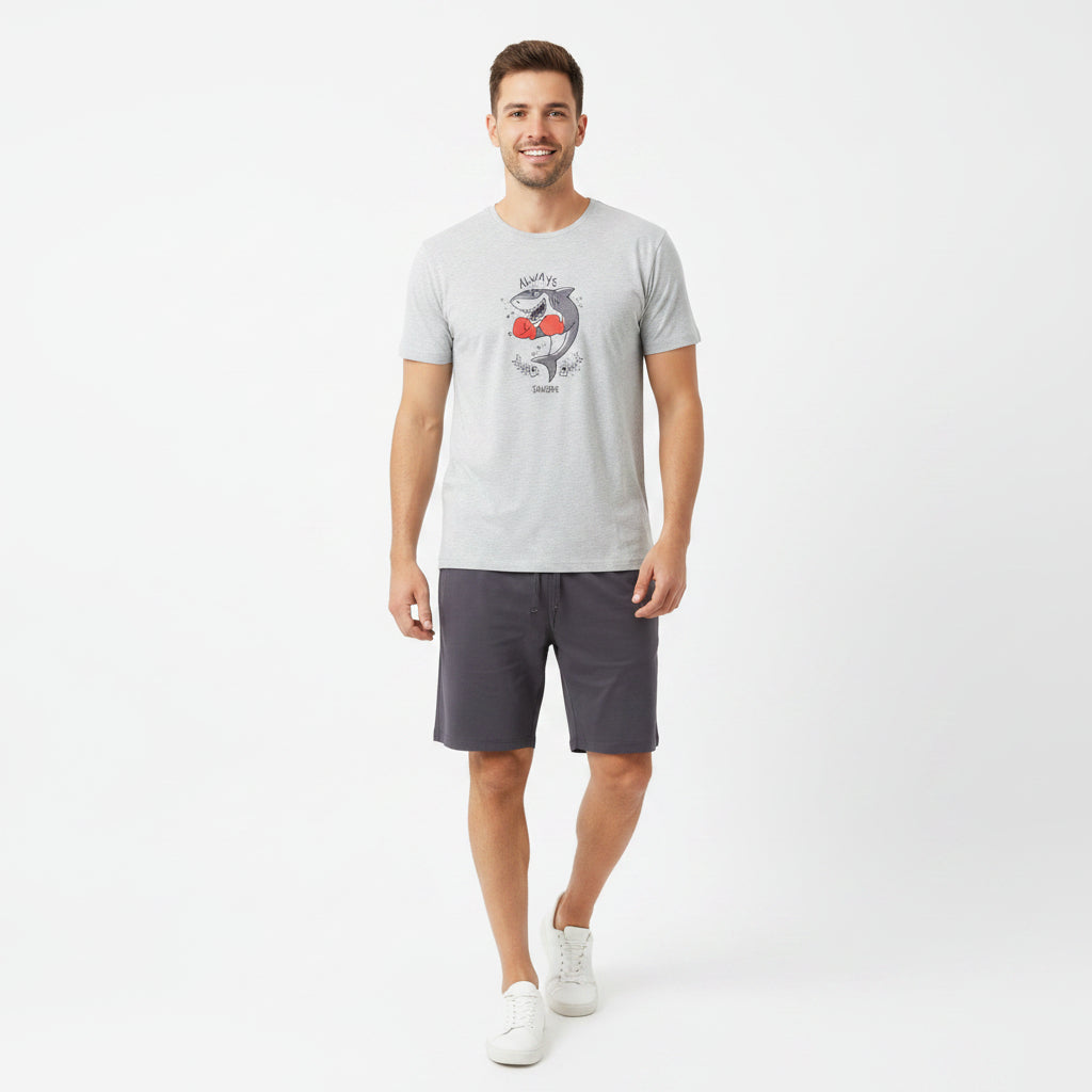 Grey marl tee with a boxing shark graphic and charcoal shorts