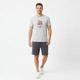 Grey marl tee with a boxing shark graphic and charcoal shorts