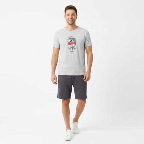 Grey marl tee with a boxing shark graphic and charcoal shorts