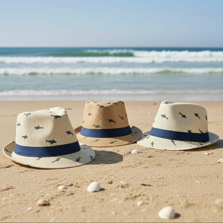 Three kids shark print straw fedora sun hats in cream, tan and natural straw on beach sand