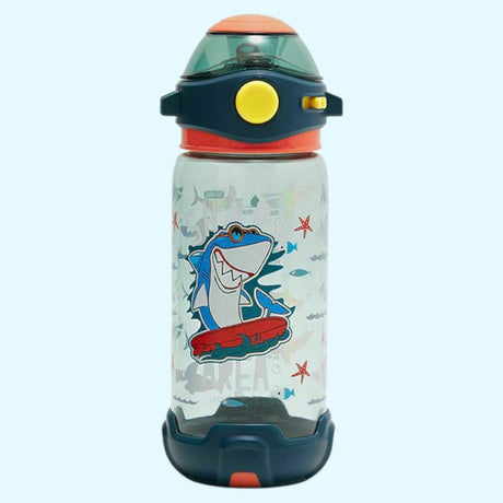 Children's water bottle with shark design on a light grey background