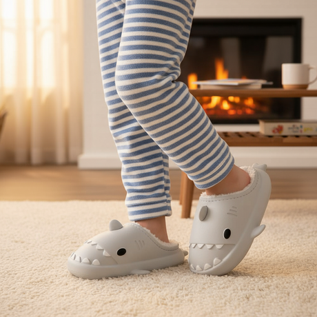 Grey shark slippers with a fleece lining and moulded fin