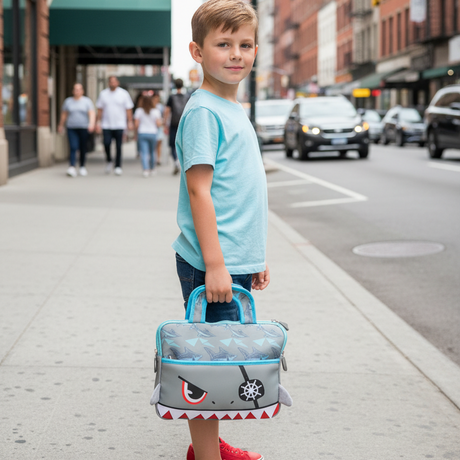 Boy carrying a grey shark bag at his side, eye patch and toothy zip pocket visible