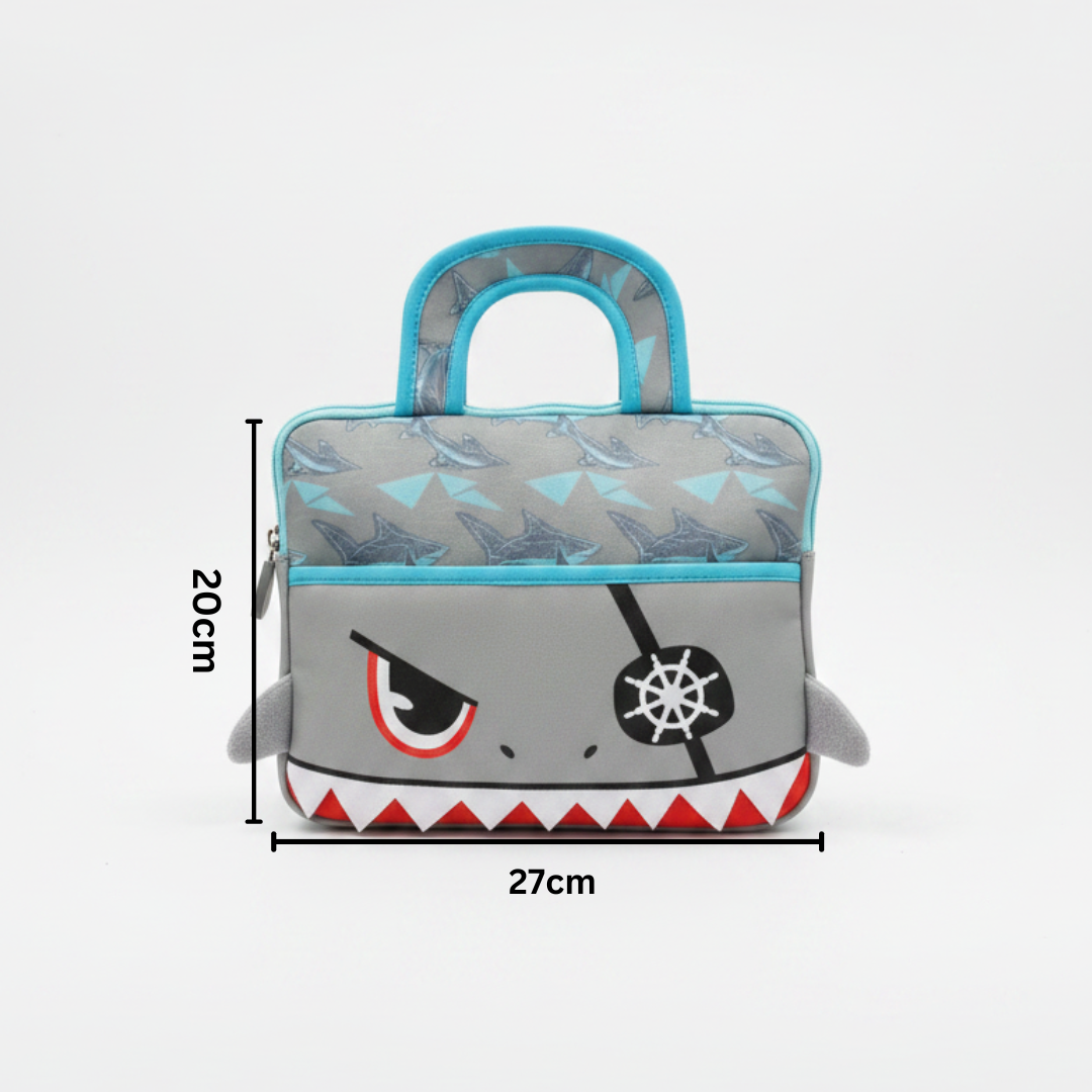Grey shark tablet bag with shark print top panel, labelled 27cm wide and 20cm tall
