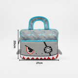 Grey shark tablet bag with shark print top panel, labelled 27cm wide and 20cm tall