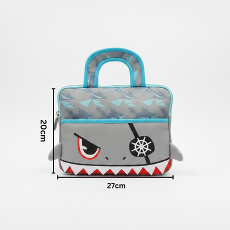 Grey shark tablet bag with shark print top panel, labelled 27cm wide and 20cm tall