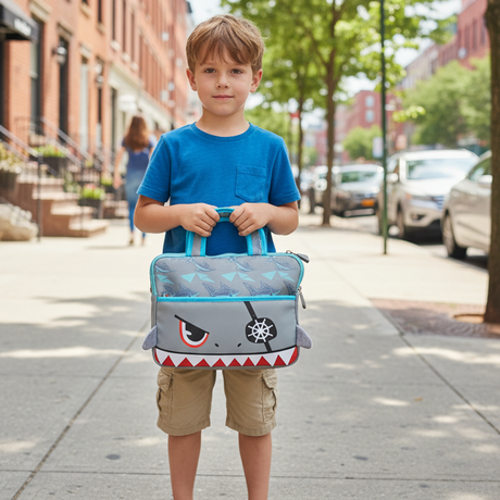 Boy on a pavement holding a grey shark tablet bag with red teeth and blue trim