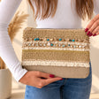 Beige crochet clutch bag with shell beads, turquoise stones and layered cream fringe