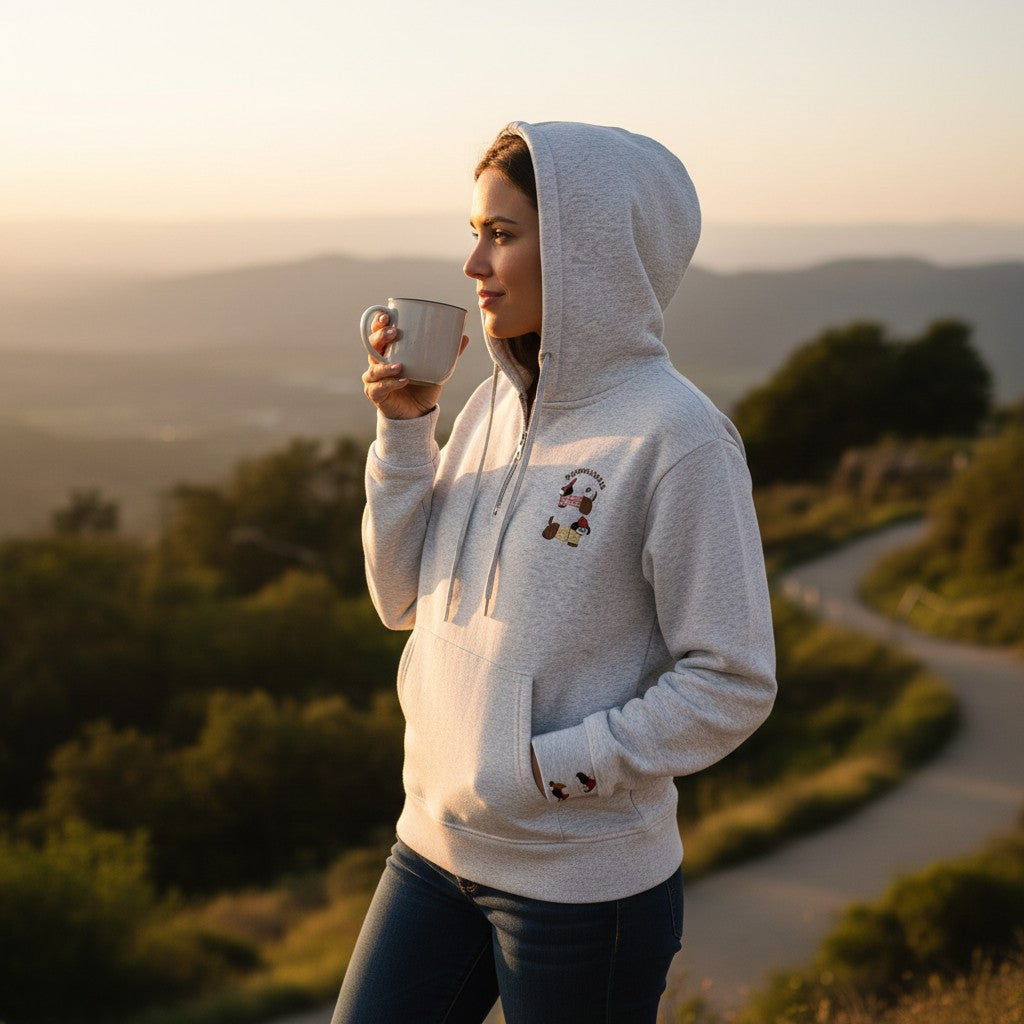 Hood up in a pale grey hoodie, sipping coffee on a hillside at sunset