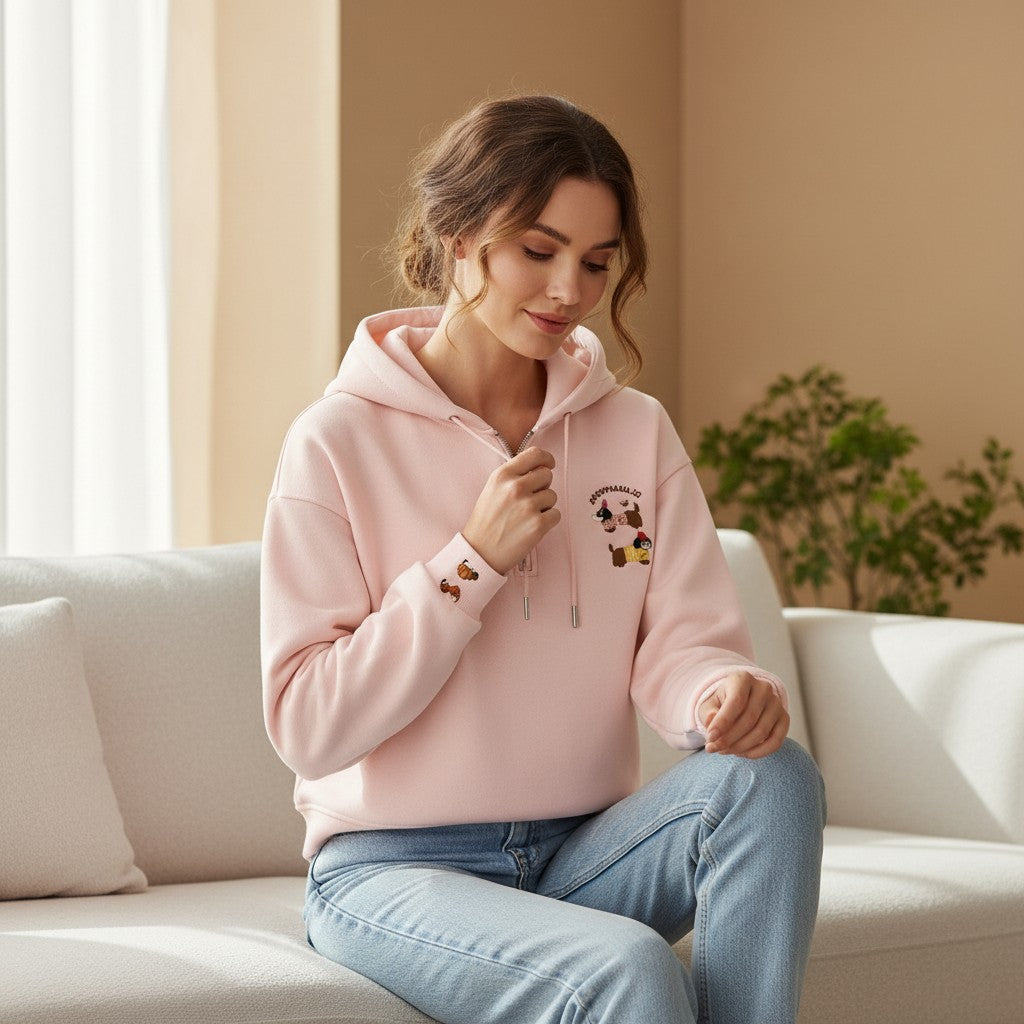 Seated woman adjusting the zip of a pastel pink hoodie on a white sofa