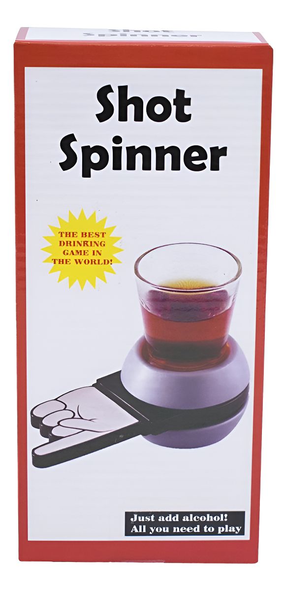Red and white retail box for the shot spinner drinking game