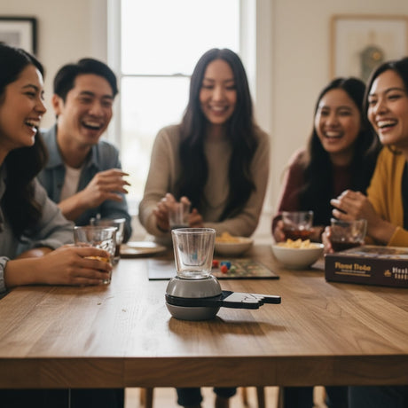 Friends at a table with the shot spinner and its pointing hand arm in the foreground