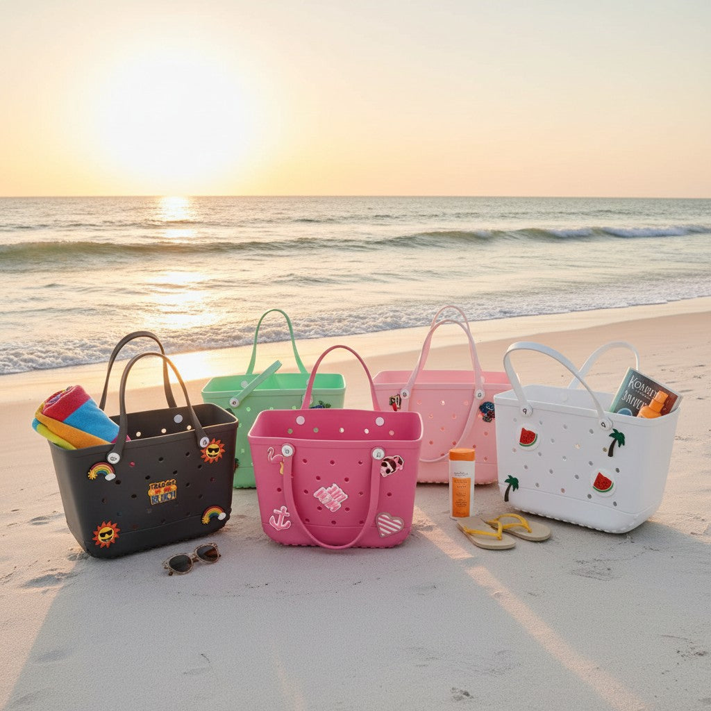 Colorful beach bags on a sandy beach with ocean view