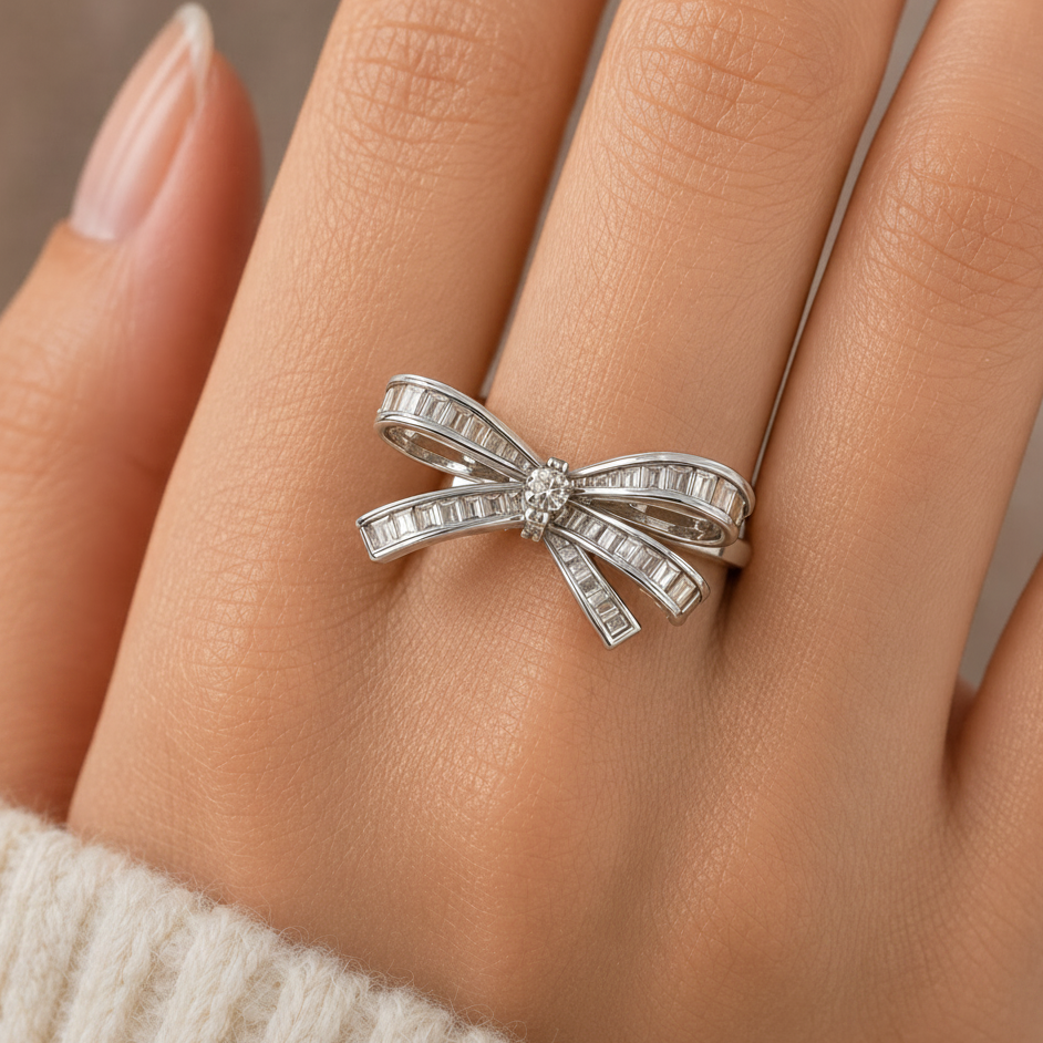 Silver baguette crystal bow ring worn on a finger, Jack Gifts Online Lebanon