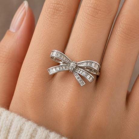 Silver baguette crystal bow ring worn on a finger, Jack Gifts Online Lebanon