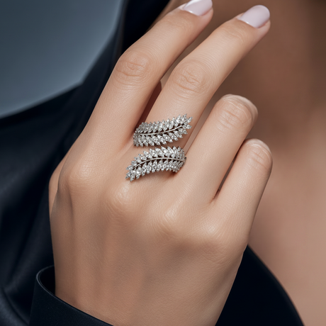 Silver crystal leaf wrap ring worn on a finger, Jack Gifts Online Lebanon
