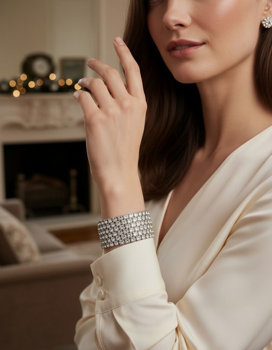 Woman wearing a white dress with a close-up of her hand and silver bracelet in a warm indoor setting
