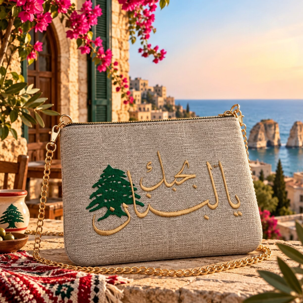Handmade silver grey pouch with gold Arabic I love you Lebanon embroidery and a green cedar, with the Lebanese flag behind