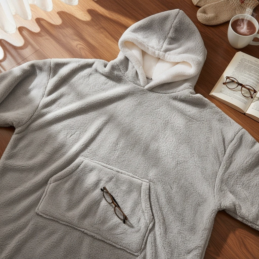 Silver grey sherpa hooded blanket laid flat showing its plush looped texture