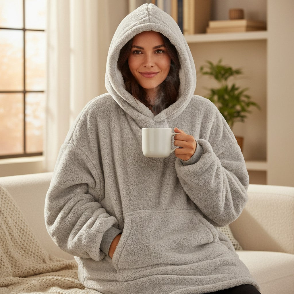Silver grey sherpa hooded blanket worn with the hood up showing its plush textured fleece