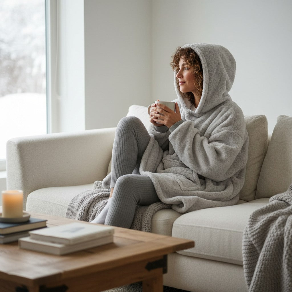 Silver grey sherpa hooded blanket worn seated on a sofa by a bright winter window