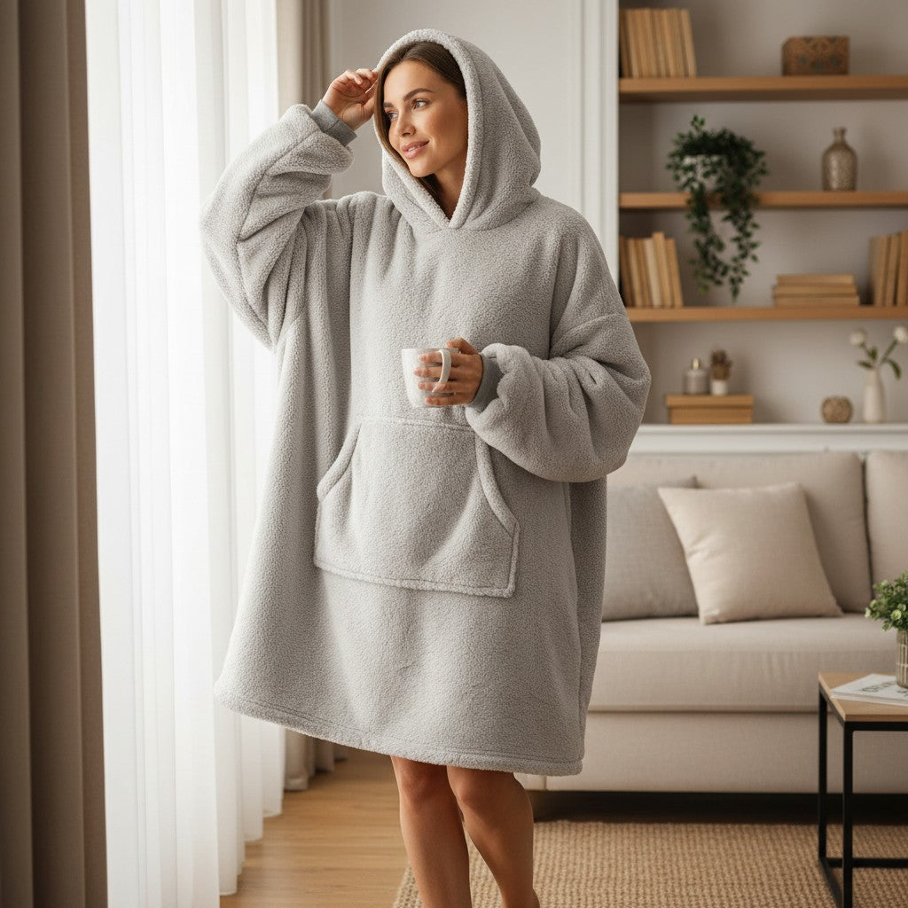 Full length view of a silver grey sherpa hooded blanket worn with the hood up