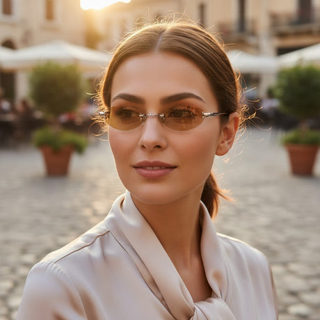 Womens rimless rectangular sunglasses with amber tinted lenses and silver temples, Jack Gifts Online Lebanon